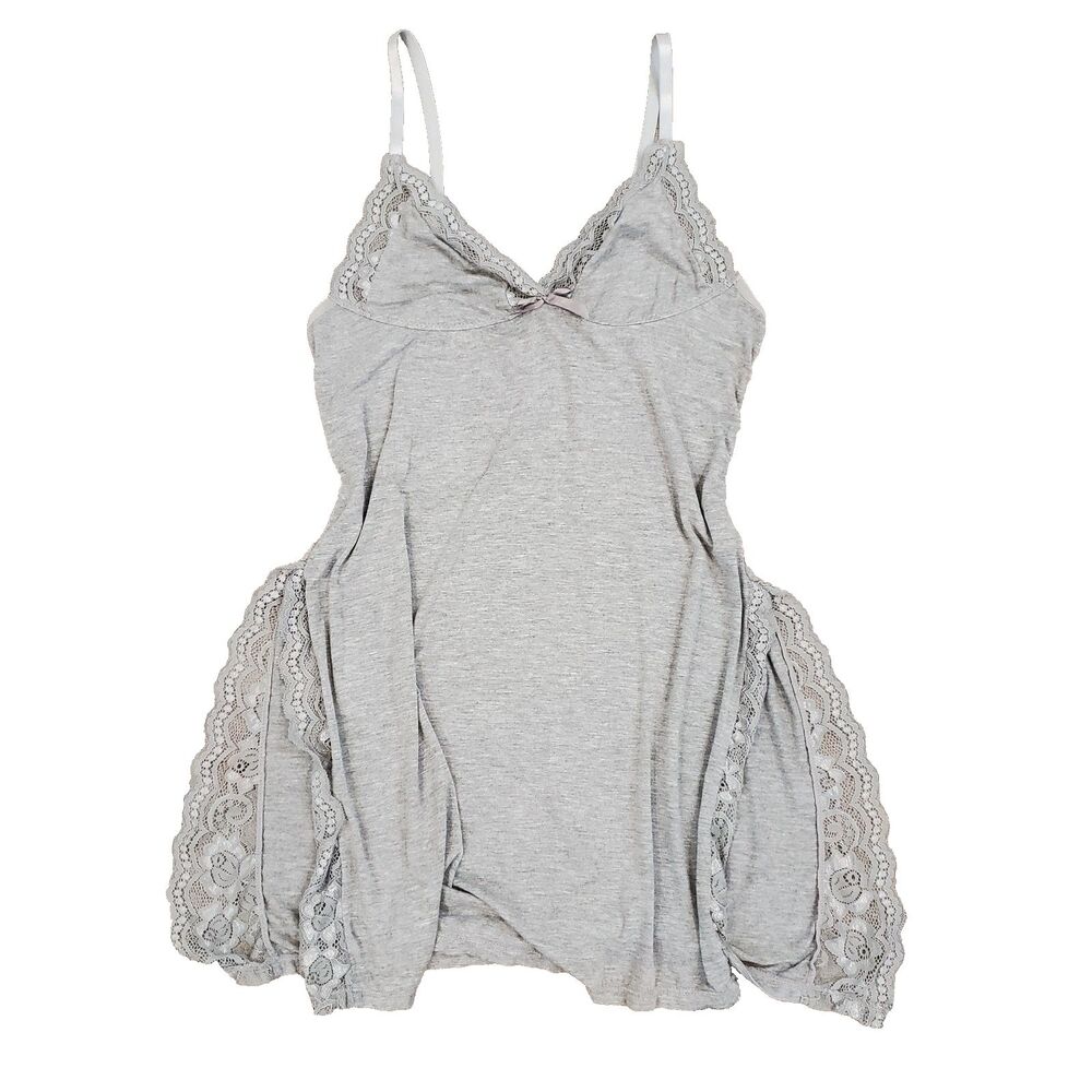 Y2k Lace Trim Babydoll Slip Dress Top Side Slit L Gray Feminine Dainty Whimsical
